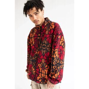 FREE NATURE Faux Sherpa Floral Pattern Jacket Red Orange Men's Full-Zip Sz S